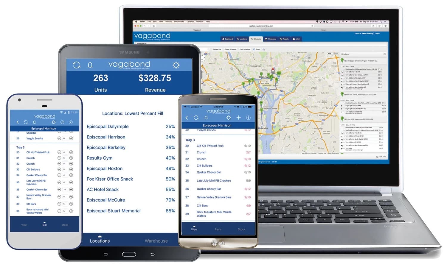 Vagabond vending management software shown across phone, tablet, and laptop